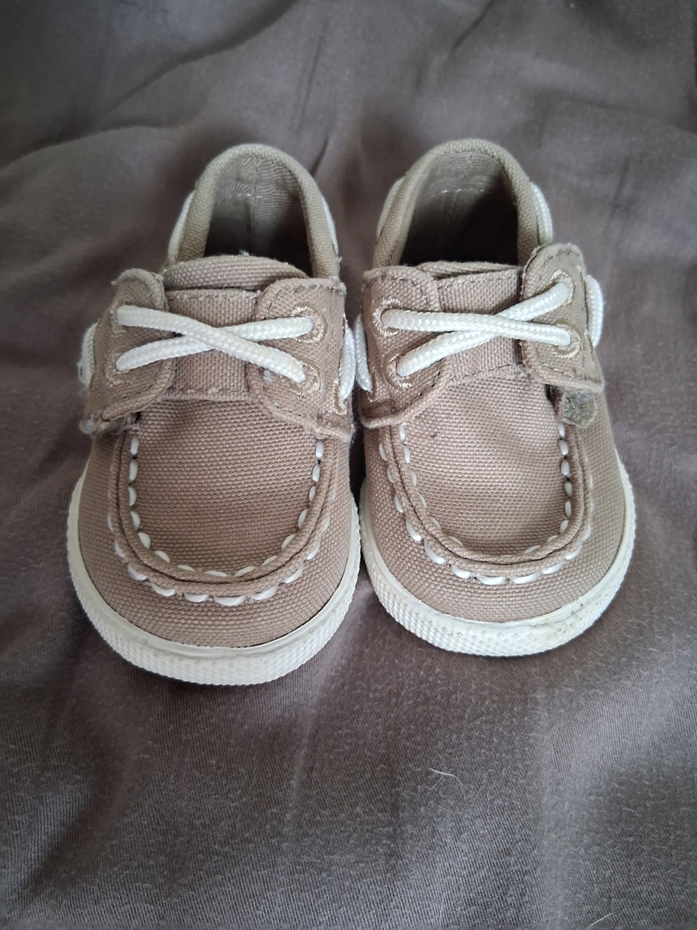 Sperry Tan Canvas Baby Boat Shoes with White Laces Cruz Crib Jr